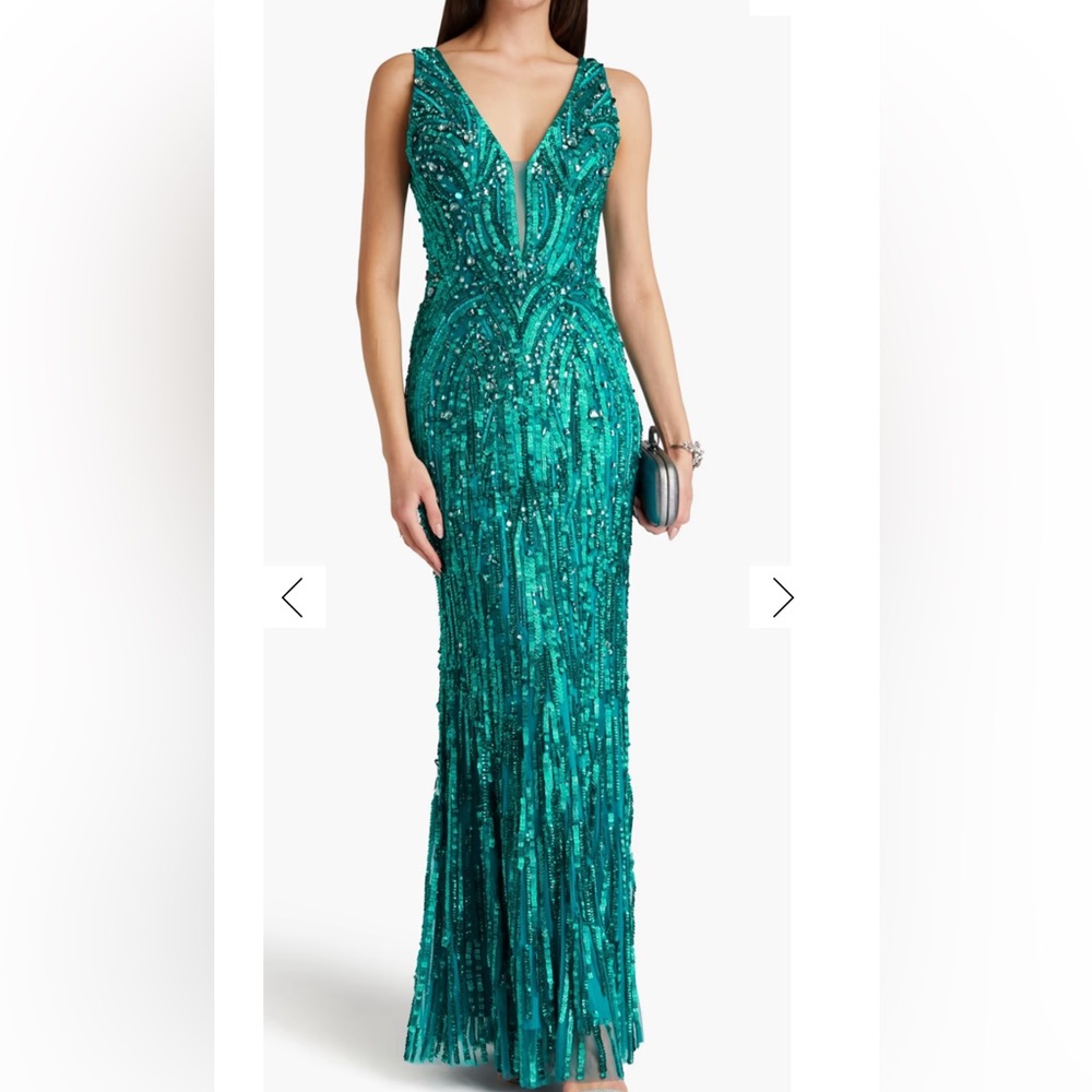 Designer Jenny Packham Tulle Emerald green Sequin embellished Evening Gown